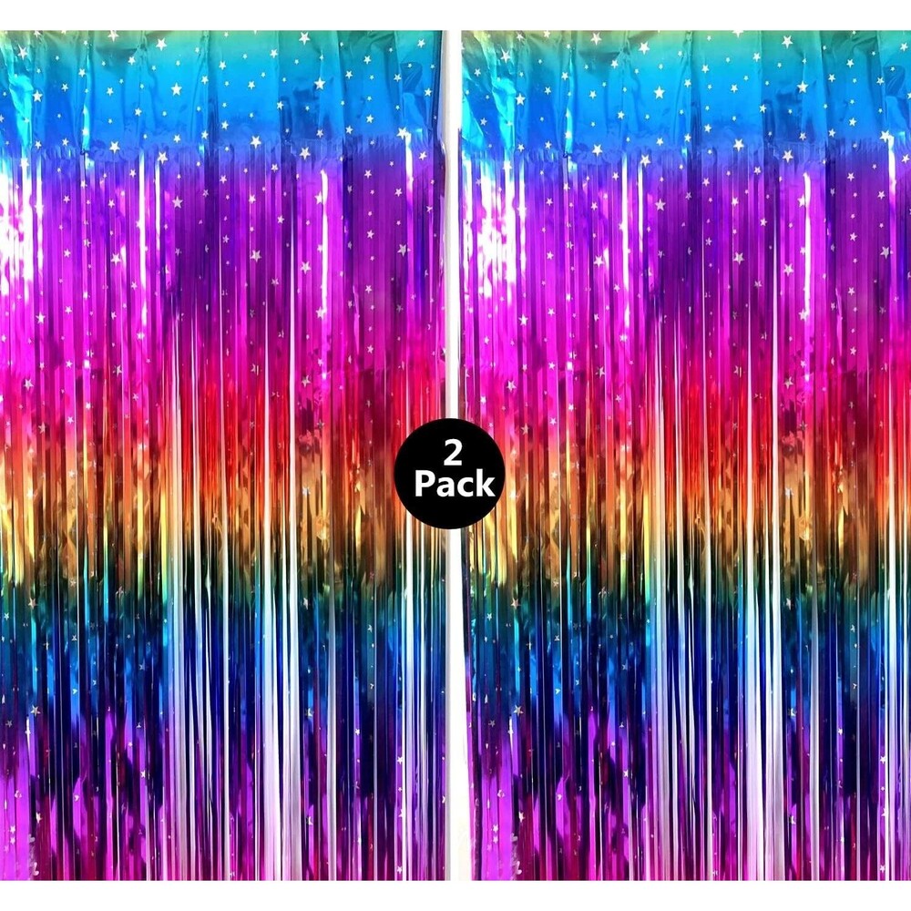 Rainbow Tinsel Foil Fringe Curtains,  3.3x6.6ft Metallic Streamers, 2 Pack